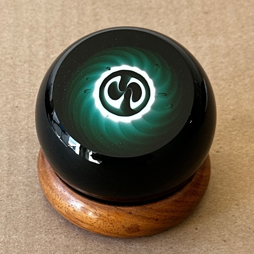 Nourot 1979 Signed Art Glass Paperweight Green Swirl Studio Glass with Stand 3"